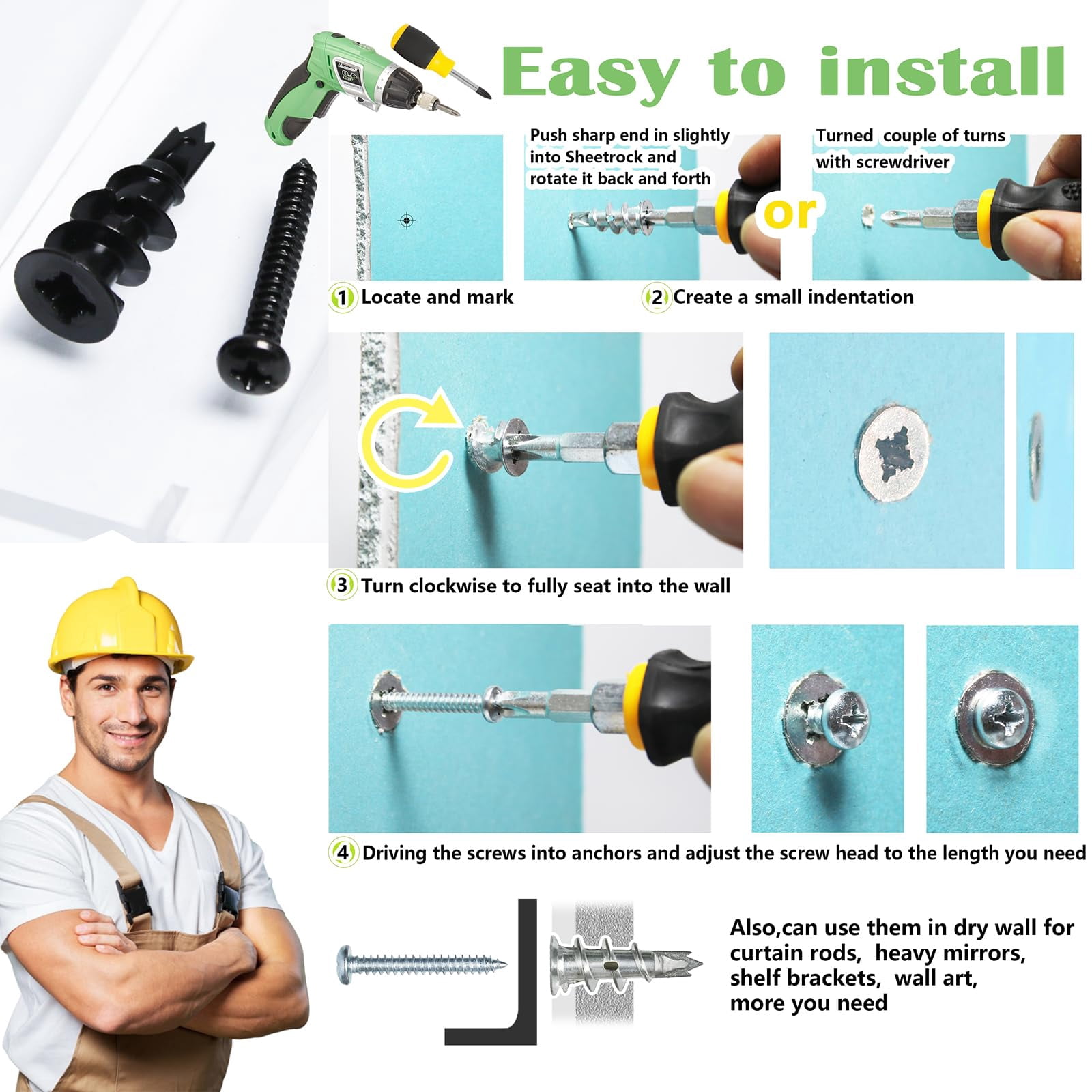 50Pcs #8 Self Drilling Metal Drywall Anchors and Screws kit, 25 Heavy Duty Hollow Sheetrock Anchors + 25 1-1/4'' Screw, No Pre Drill Hole Required - Hold 75lbs for Wall Hanging and Mounting