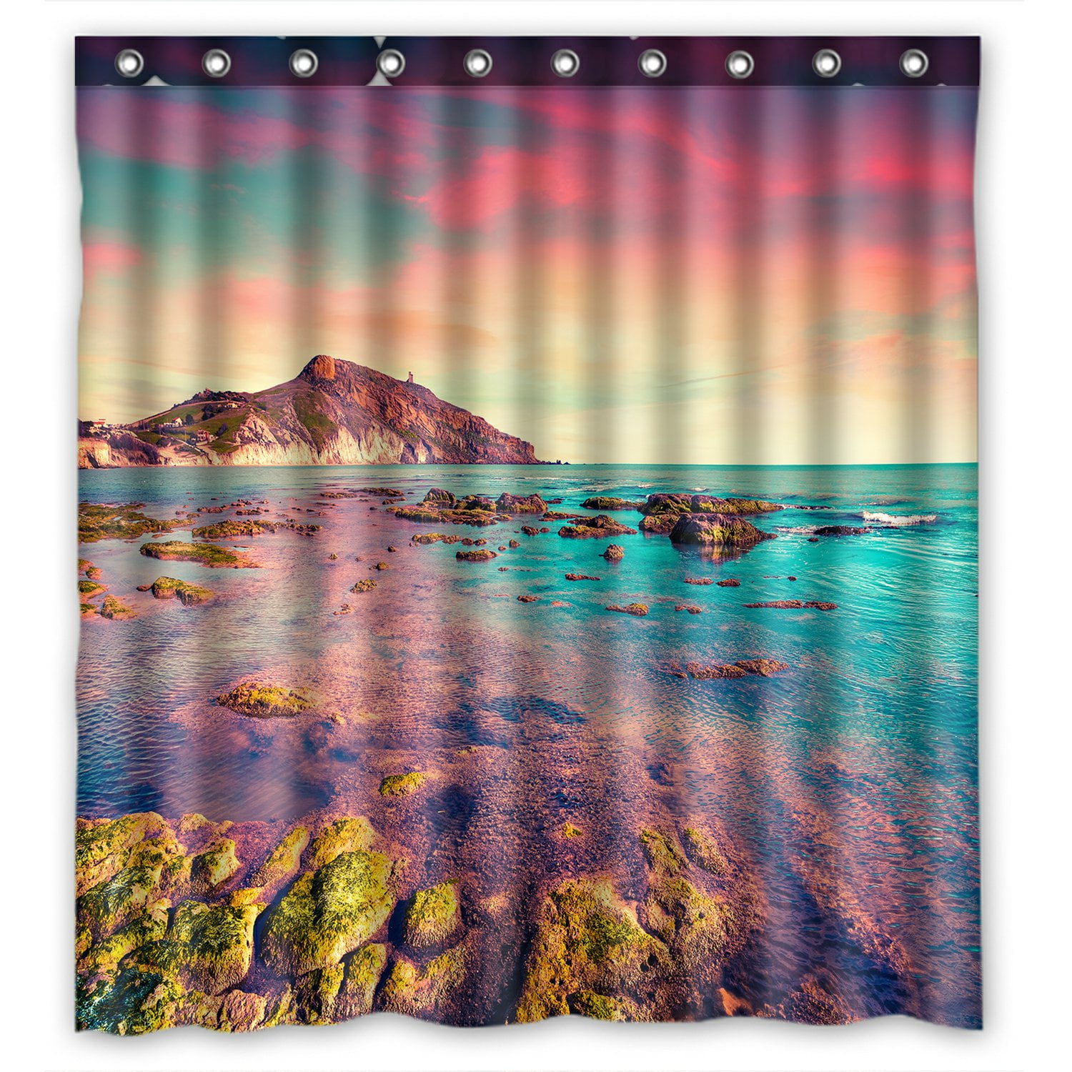 PHFZK Landscape Shower Curtain, Colorful Spring Sunset from the