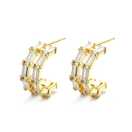 Amy and Annette 14K Gold over Sterling Silver Two Row Emerald Cut Crystal Huggie Earrings