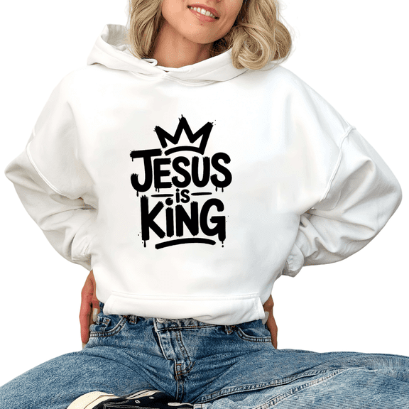 Women Jesus Is King Graphic Tee Christian Religious T Shirt Top Stretchy Daily Wear Hooded long-sleeved White S-2XL