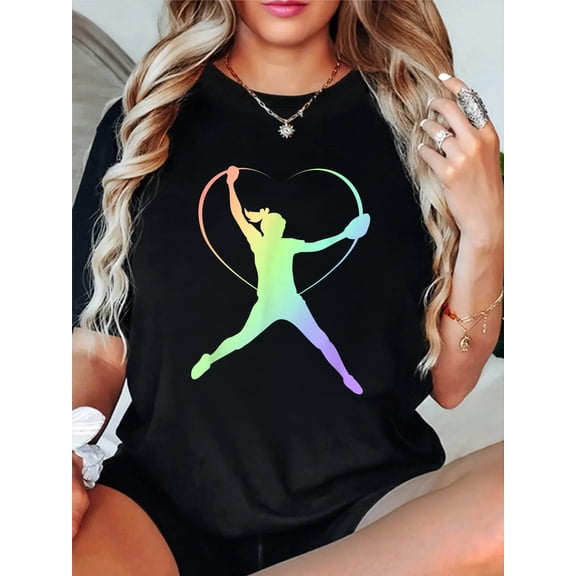 Cotton Soft Rainbow Softball Gifts for Teen Girls Pitcher Patterned T-Shirt Women's Graphic Tee Casual Tops