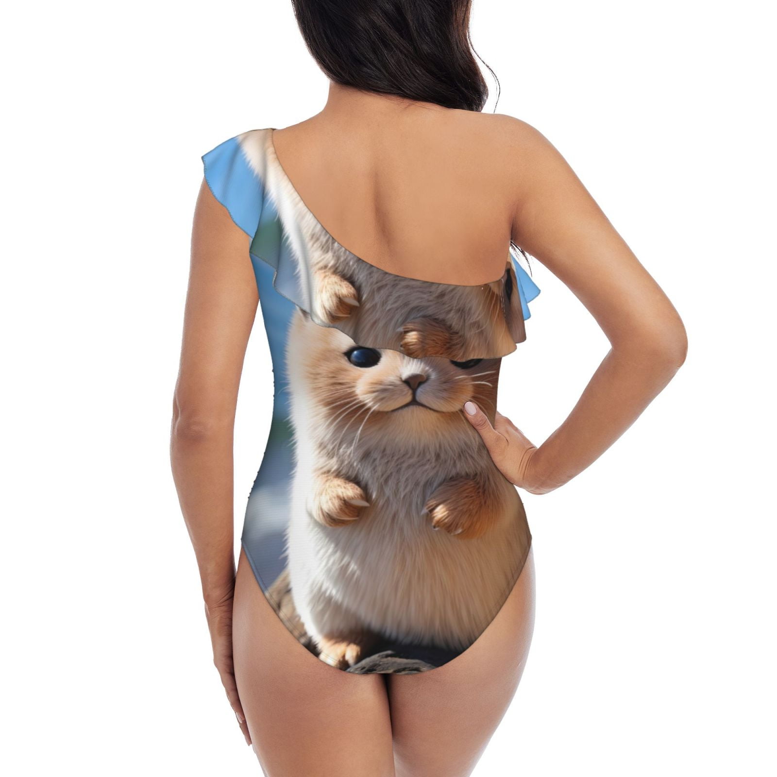 Rateoe Cute Guinea Pig Sea Pattern Women One Piece Swimsuits Tummy Control One Shoulder Bathing Suits Ruffle Swimwear-Large