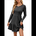thumbnail image 1 of Vestido Corto Informal de Otoño de Larga para Mujer, de Punto Acanalado, Cuello Redondo, Fluido, Corte A, con Bolsillos Gris L, 1 of 8
