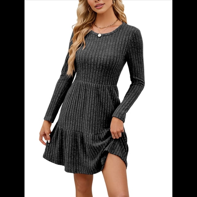 Vestido Corto Informal de Otoño de Larga para Mujer, de Punto Acanalado, Cuello Redondo, Fluido, Corte A, con Bolsillos Gris L