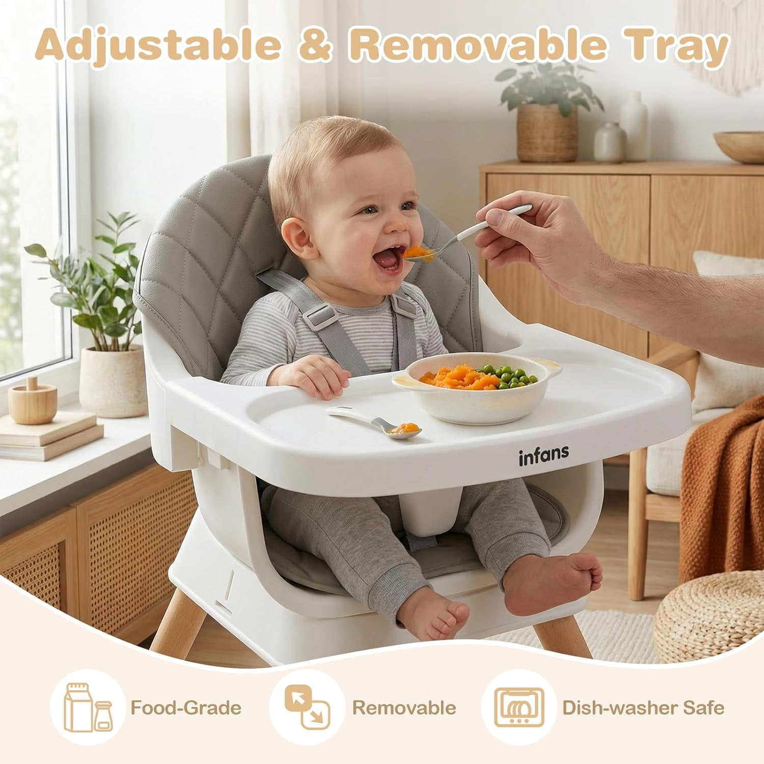 INFANS Baby High Chair, 6 in 1 Wooden Convertible Highchair for Babies and Toddlers, Infant Dining Booster Seat Kids Stool with Adjustable Removable Tray
