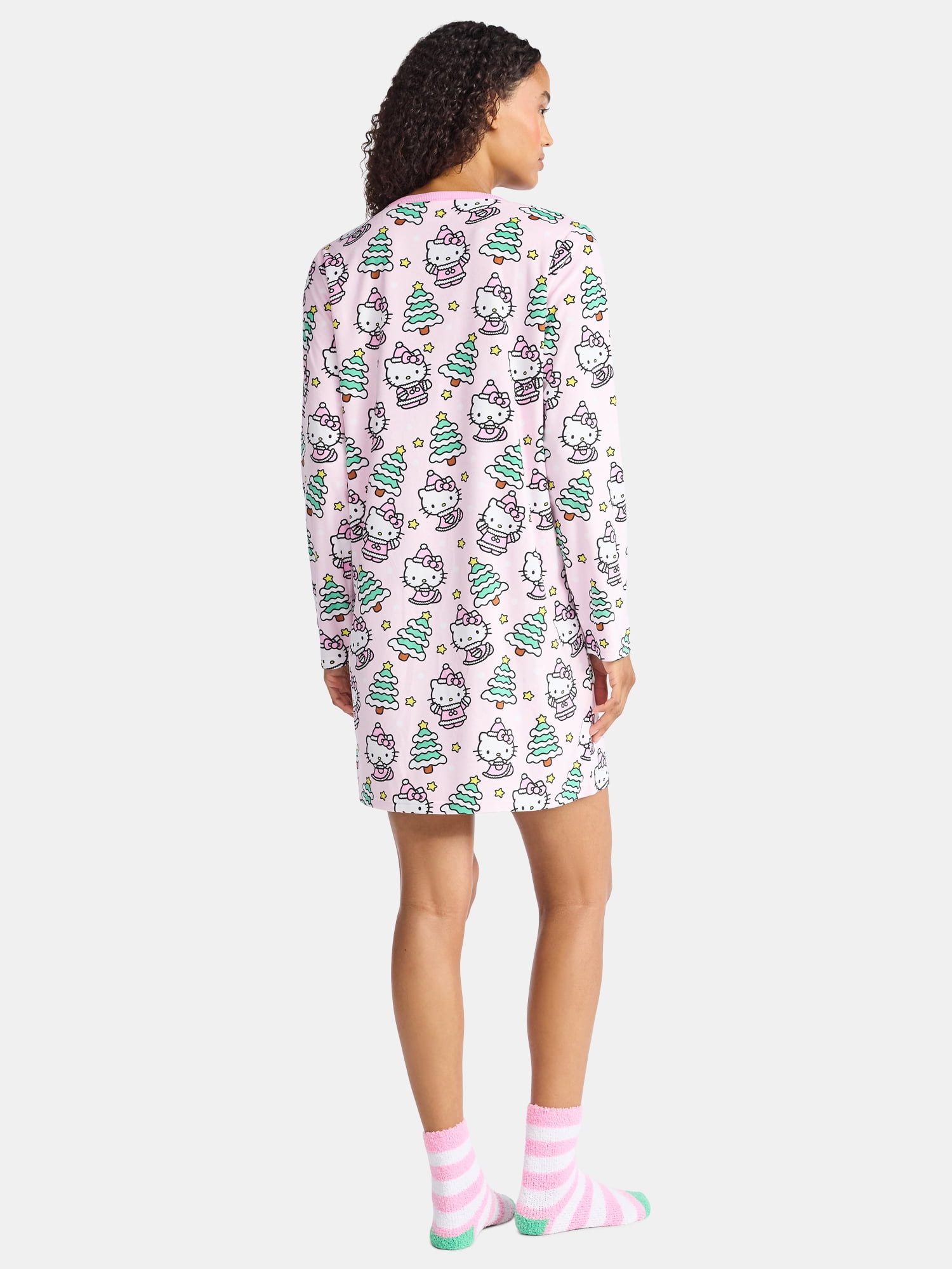 Hello Kitty Women's and Women's Plus Christmas Print Henley Sleepshirt and Plush Socks Set, 2-Piece, Sizes XS-3X