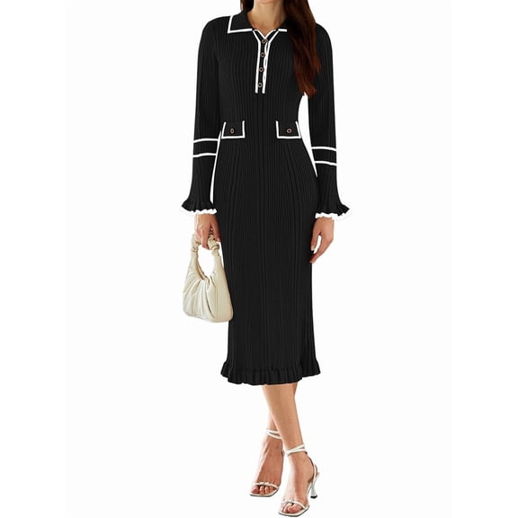 Womens V Neck Bodycon Sweater Dress Long Sleeve Half Button Slim Fitted Ruffle Ribbed Knit Maxi Pencil Dress Black S