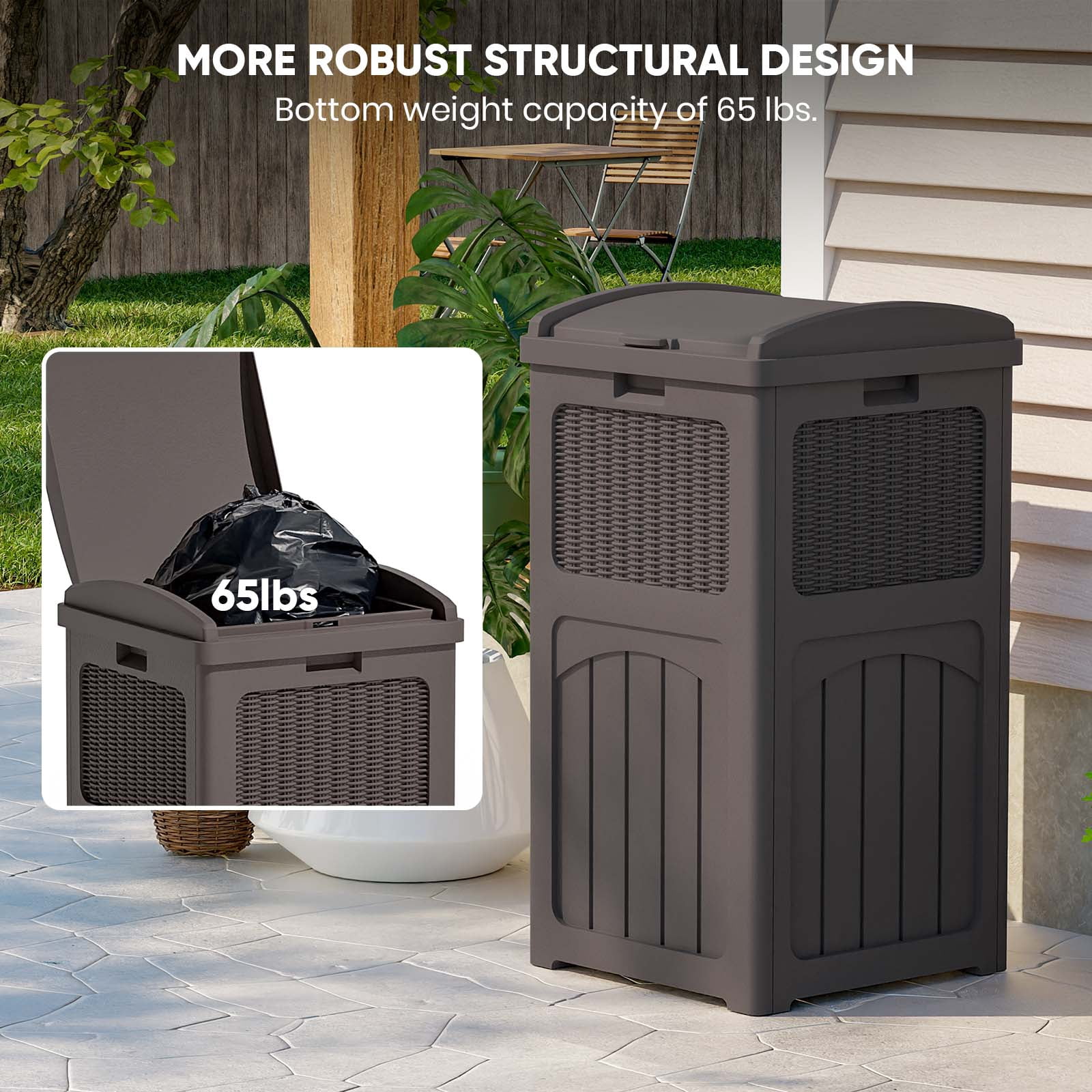 Patiowell 36 Gallon Hideaway Can Resin Trash with Latch for Backyard, Deck, or Patio,Brown