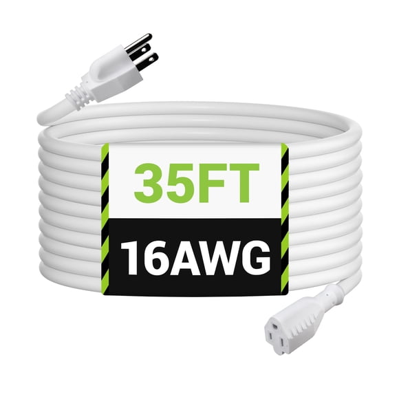 BN-LINK 35ft Outdoor Extension Cord, 3-Prong, 16 Gauge General Purpose Power Cord, Grounded Plug, White, for Landscaping & Holiday Decorations, Home