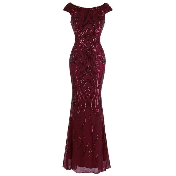 Angel-fashions Long Sequin Evening Party Gown Women's Cap Sleeve Bateau Prom Dresses Wedding Party Guest Gown X-Large