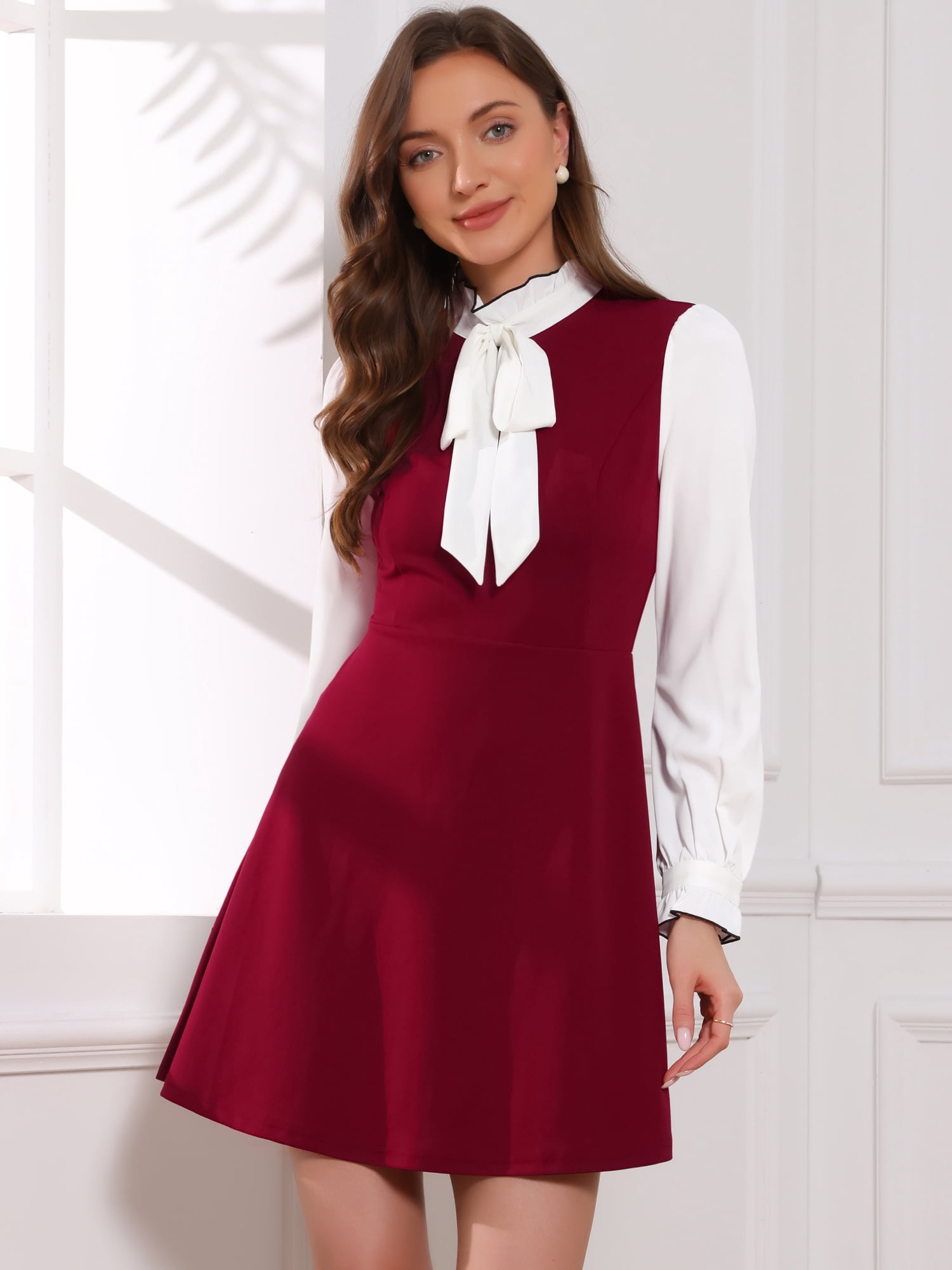 DARING DIVA Women's Tie Neck Vintage Long Sleeve Contrast Color Dress S Burgundy