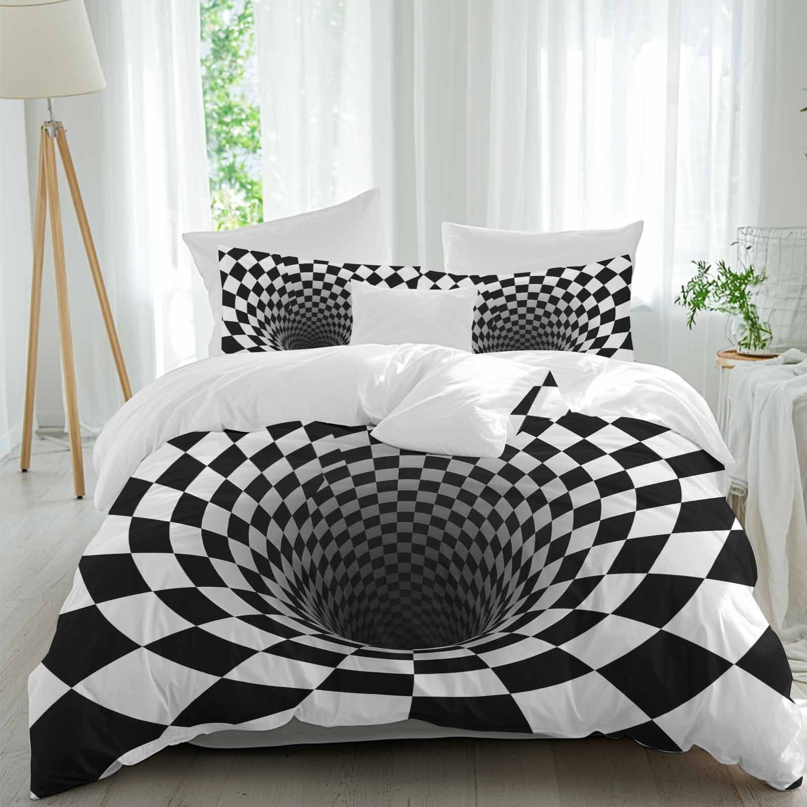 3D Optical Illusion Bedding 3 Piece Duvet Cover Set Queen Size, Black White Checkered Gingham Plaid Vortex Microfiber Comforter Cover with Zipper Closure & Pillowcases, FadeResistant Quilt Cover