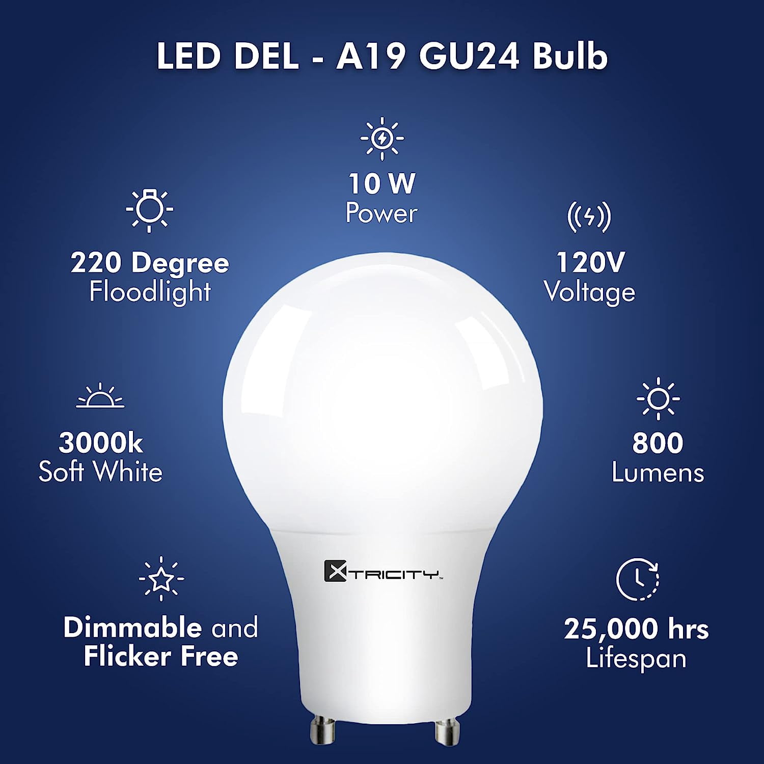 Xtricity LED A19 Light Bulb GU24 Plug-in Base, 10W (60W Eqv) 120V, 3000K, Dimmable (12 Pack)