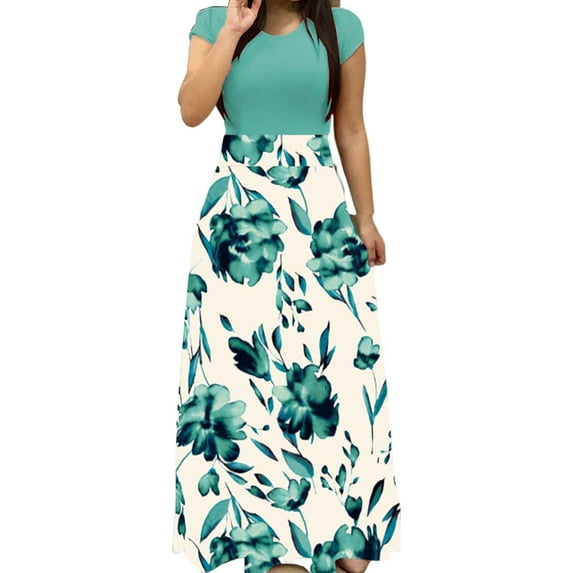 ORQ Women Floral Print Color Matching Short Sleeve Large Swing Long Dress