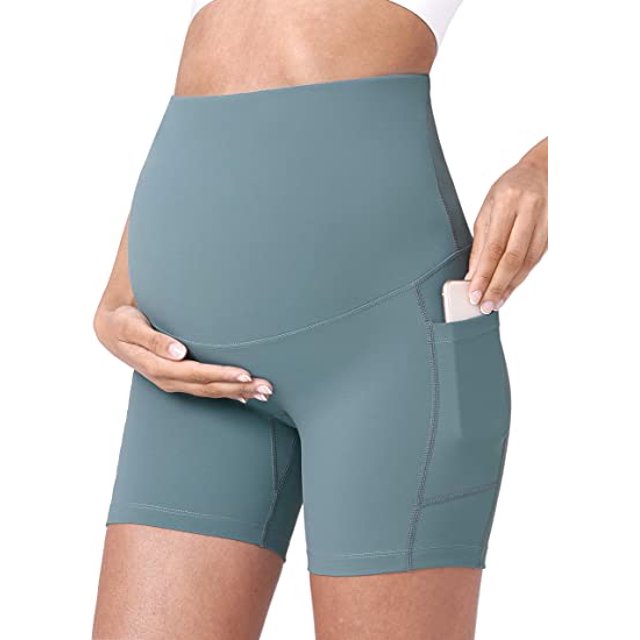 Pantalones cortos de yoga de maternidad para mujer sobre el vientre, entrenamiento de verano, pantalones cortos activos para correr (L) Rojo Verde