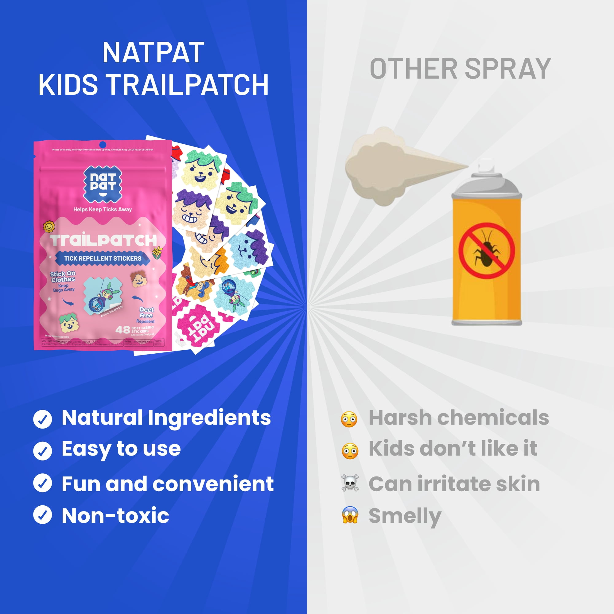 NATPAT TrailPatch Tick Repellent Stickers for Kids, 48 Count