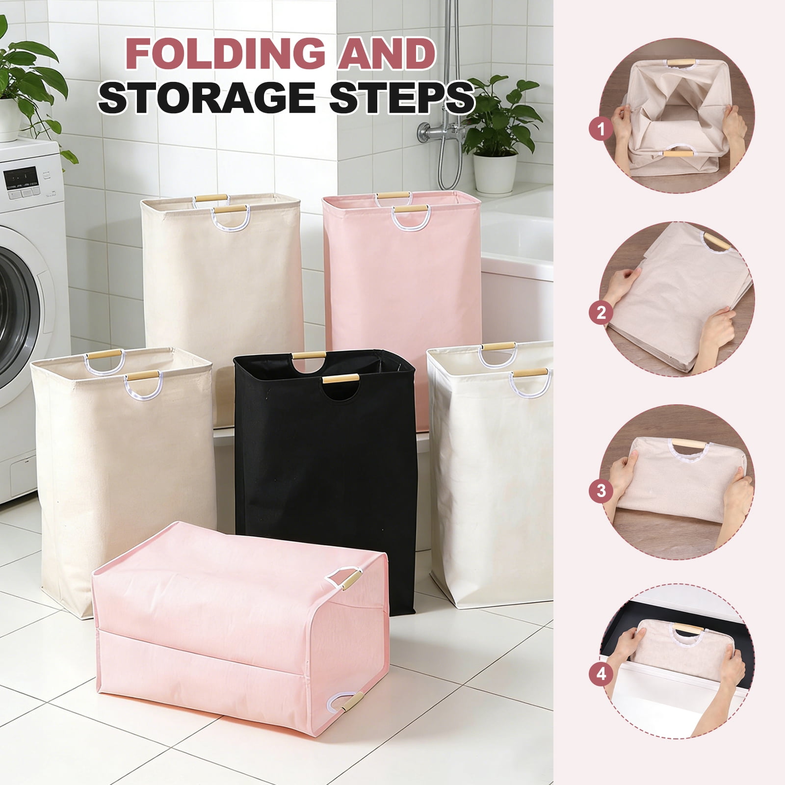 Uxcell 15.7 x 10.6 x 22" Large Laundry Basket, Foldable Laundry Hamper with Wooden Handles Freestanding Storage Basket for Comforter Clothing Blanket Pillows, Tall Fruit Color