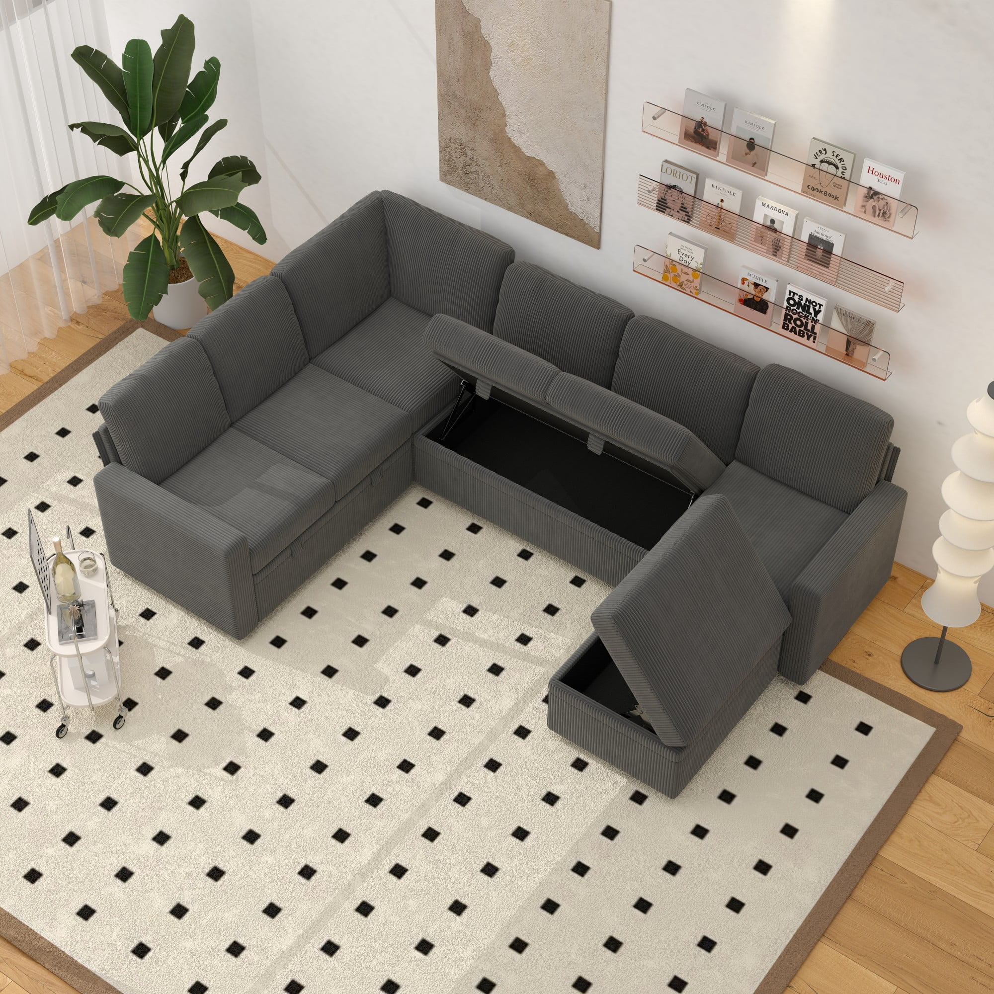 Gewnee 6-Seater Gray L-Shaped Convertible Sofa - Soft-Touch Corduroy Fabric,Multifunctional Storage, for Living Rooms & Halls（including 1 footstool）