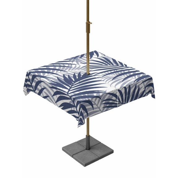 Outdoor Tablecloth with Umbrella Hole for Patio/Picnic/Party/Camping, Navy Blue Palm Leaves Waterproof Table Cloth Square Cover Washable, Summer Botanical Tropical Plants (60"x 60")