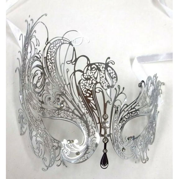 Silver Rhinestone Swan Laser Cut Venetian Mask Masquerade Metal Filigree