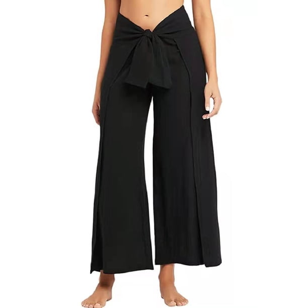 VISgogo - Pantalones de pierna ancha para mujer, con nudo en la parte delantera, cintura media, color sólido, sueltos, estilo palazzo VISgogo moda