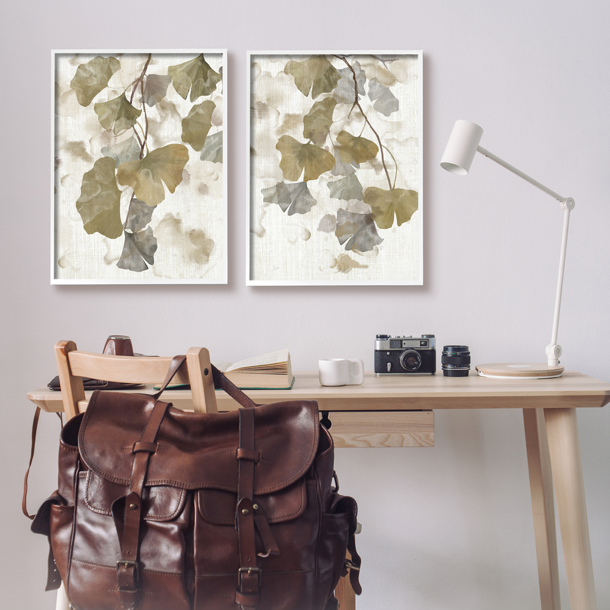 Stupell Industries Rustic Gingko Leaves Botanical & Floral Painting White Framed Art Print Wall Art, 24 x 30, Set of 2