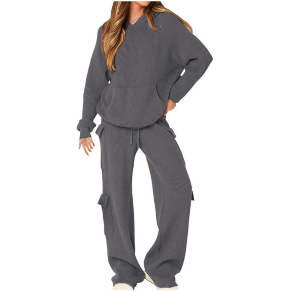 RYRJJ Womens 2 Piece Casual Outfit Workout Hoodie Sweatsuits with Cargo Sweatpant Travel Track Suits Lounge Sets(Gray,L)