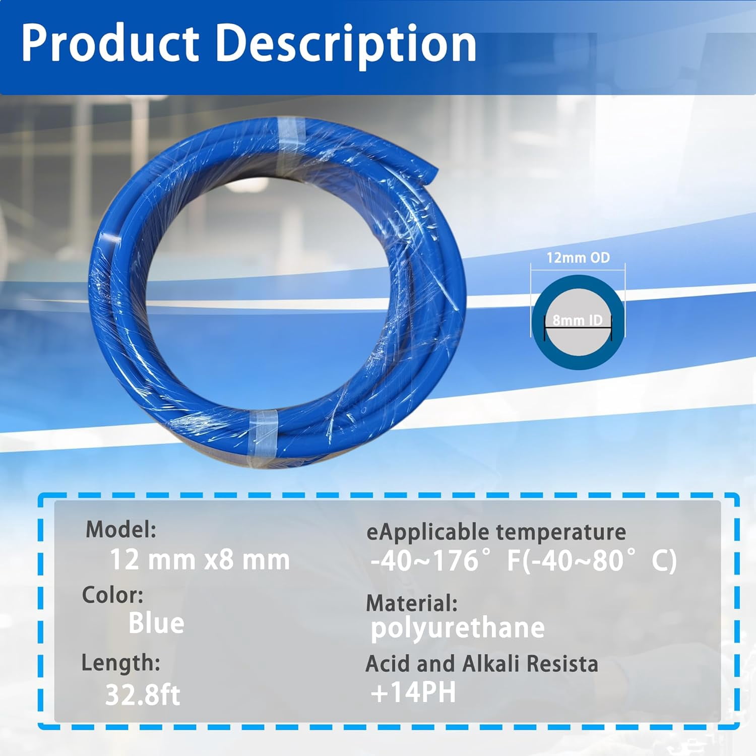 PNEUMATIC Blue 12mm OD 8mm ID Polyurethane PU Air Hose Pipe Tube 10 Meter 32.8 ft for Air Line or Fluid Transfer Blue