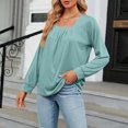 thumbnail image 2 of ATOYSOY Long Sleeve Tees Loose Shirts for Women Trendy Outwear Fall Casual Cotton Linen Square Neck Pleated Pullovers Solid Color Tops Green XL, 2 of 4