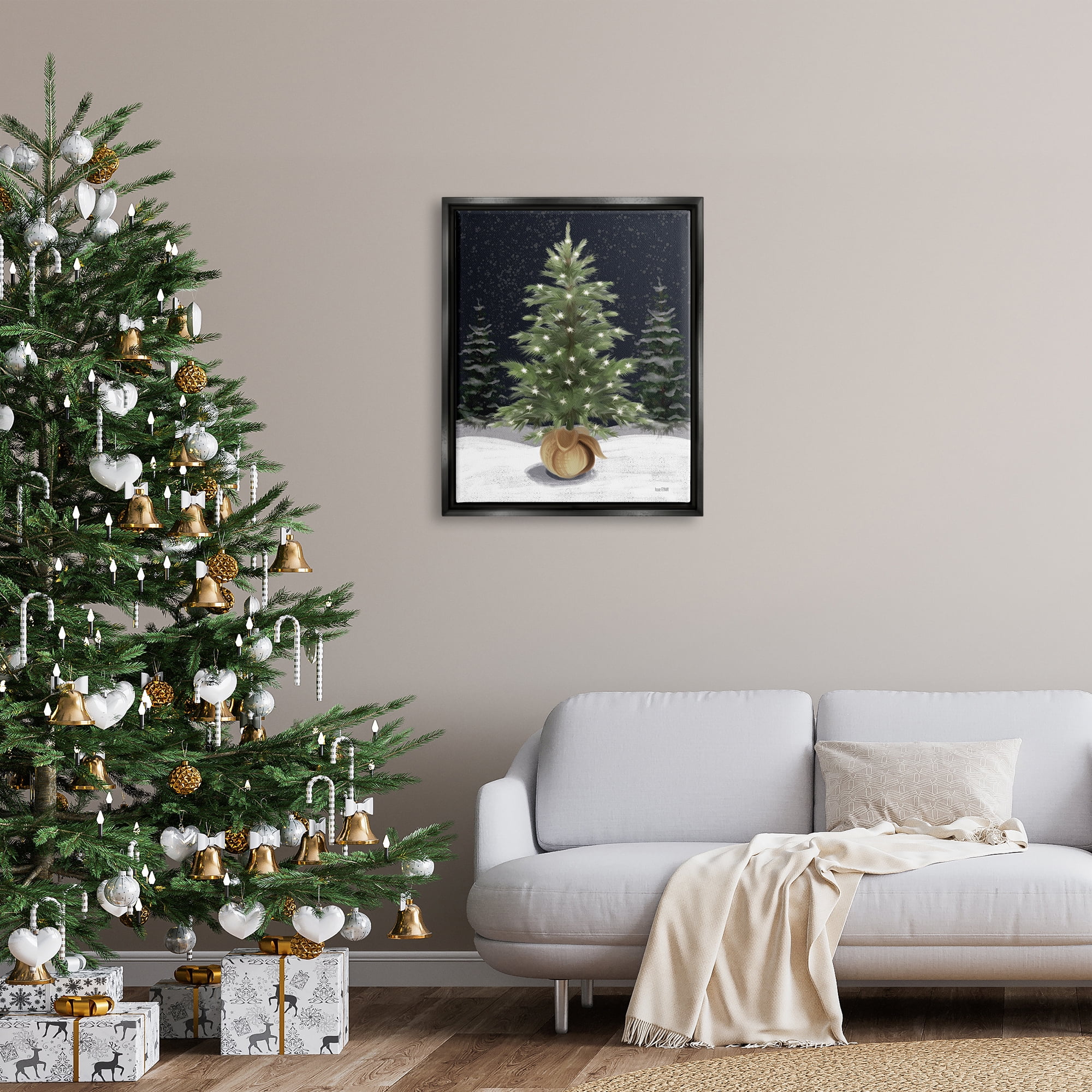 Stupell Industries Christmas Tree Snow Scene Holiday Painting Black Floater Framed Canvas Art Print Wall Art, 25 x 31