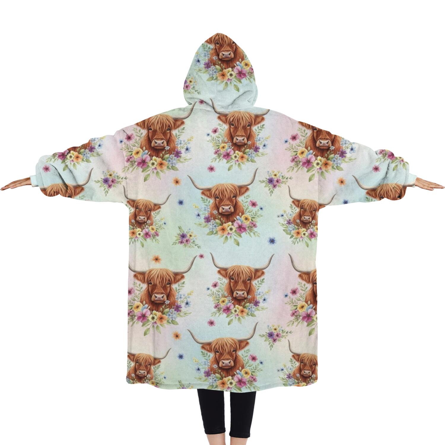 Oversized Wearable Blanket Hoodie,Colorful Highland Cow Flower Pattern Sherpa Blanket Hoodie with Super Pockets,Super Warm Fuzzy Pullover for Women & Men