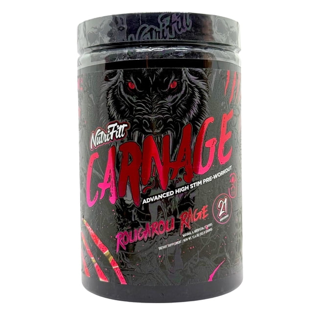 Preentreno Carnage 21 servicios sabor Rougarou Rage NutriFitt negro