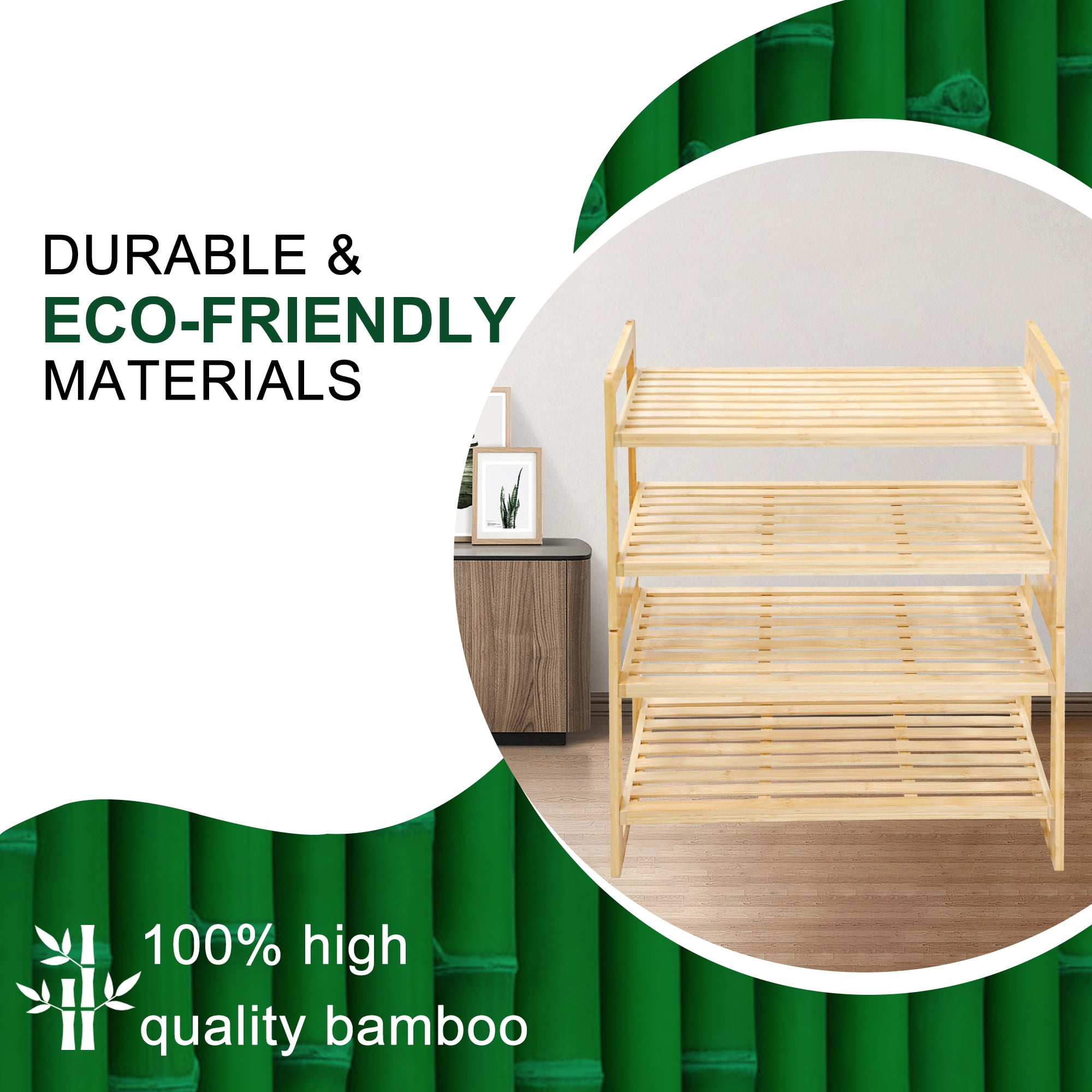 Bamboo Shoe Rack Kit, 4-Tier Bamboo Shoe Storage Organizer, Holds Up to 300 lb, for Entryway Bathroom Bedroom, Free Standing Shoe Racks for Indoor Outdoor, Stackable | Foldable | Natural