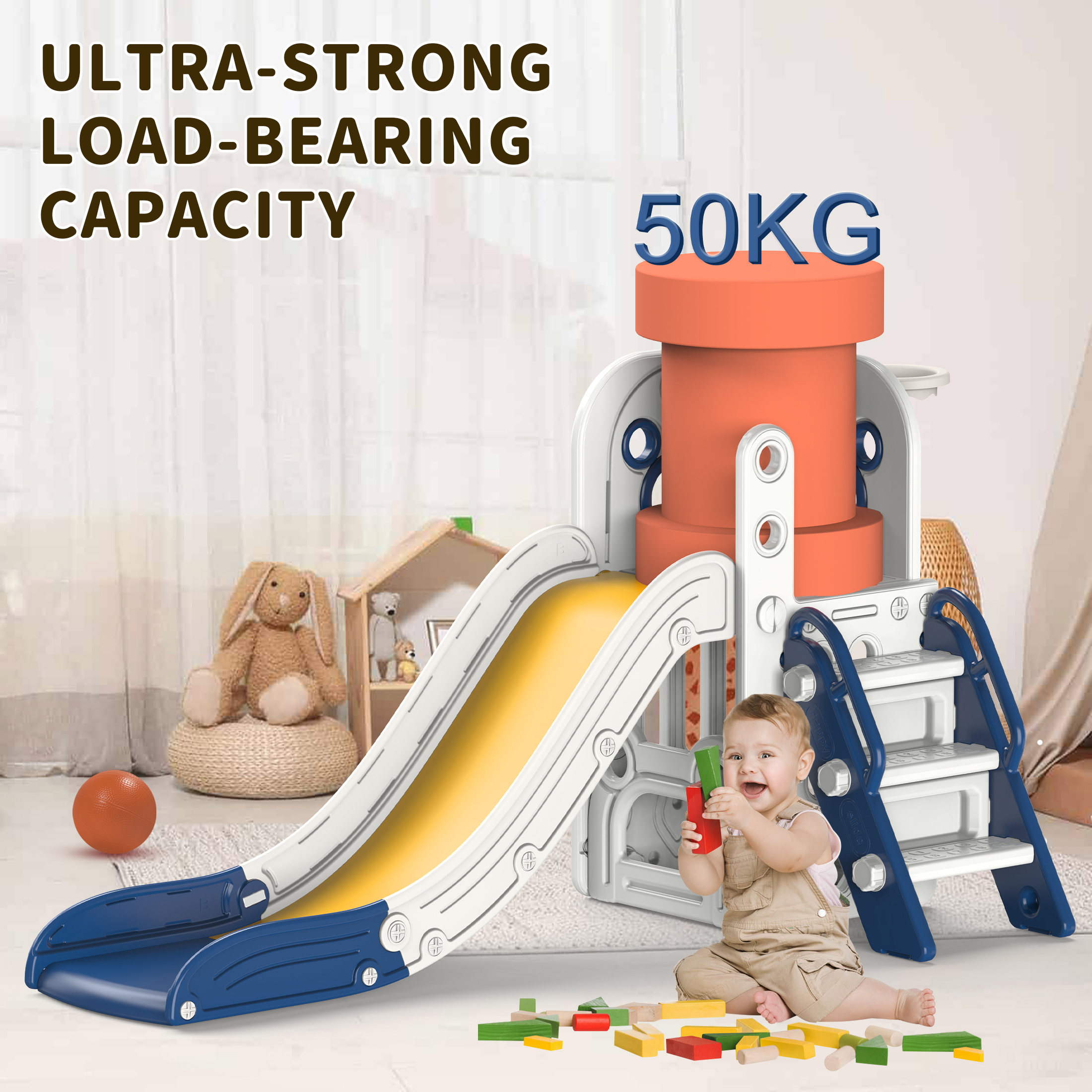 Zifadola Sturdy Kids Slide, 4 in 1 Toddler Slide and Climber Playset with Basketball Hoop, Blue