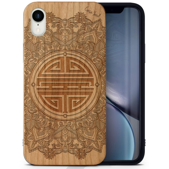 Case Yard Wooden Case Outside Soft TPU Silicone, Slim Fit Shockproof Wood Protective Phone Cover for Girls Boys Men and Women, Supports Wireless Charging Chinese Mandala Design case for iPhone-XR