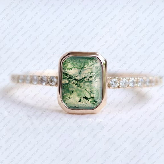 Princy Jewels Moss Agate Ring, Bezel Set Wedding Ring Gold Plated Emerald Cut Gemstone Ring, April Birthstone Ring