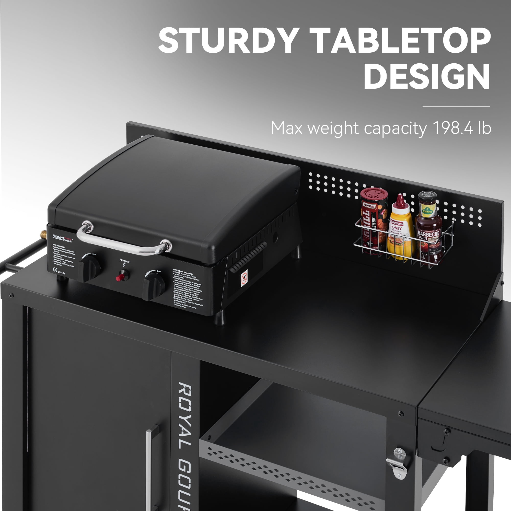 Royal Gourmet PC4001B 3-Tier Prep & Work Table with Middle Shelf for Indoor and Outdoor Use, Black