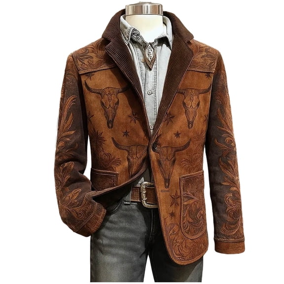 Men's Corduroy Western Print Blazer Vintage Single Button Coat Winter Part Long Sleeve Jacket with Pockets