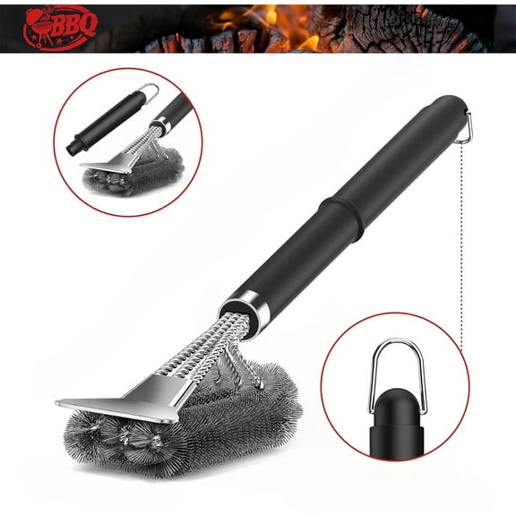 Grill Brush with Scraper, 18" Adjustable Handle BBQ Grill Brush for Outdoor Grill, Extra Strong Grill Cleaner Accessories for Grill/Smoker/Gas/Charcoal