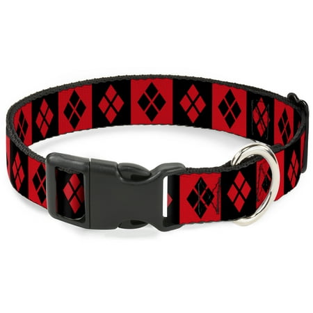 DC Comics Pet Collar Dog Collar Plastic Buckle Harley Quinn Diamond Blocks Red Black Red 7 to 8.5 Inches 0.5 Inch Wide