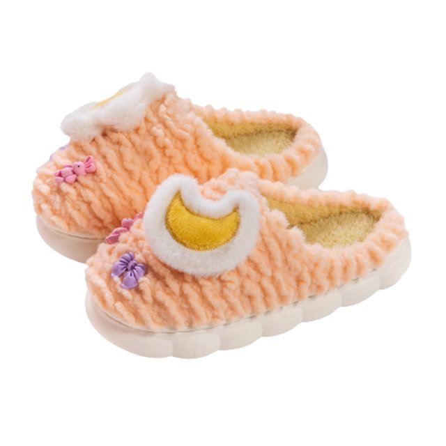 Womens Furry Slippers Fluffy Plush Bow Rabbit Moon and Stars Cute Girlish Princess Thick Bottom Memory Foam Comfortable Non-Slip Warm Winter Home Slippers Pink