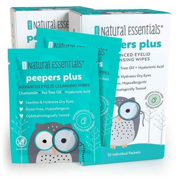 Natural Essentials Advanced Eyelid & Eyelash Cleansing Wipes, Peepers Plus 30 Individually-Wrapped Wipes, 2pk