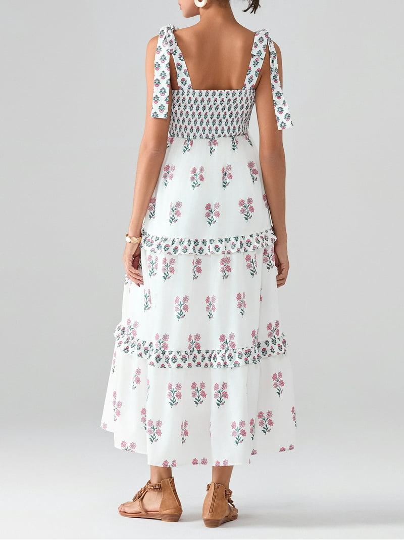 Michellecmm Women's Flower Tie Strap Dress A-Line Square Neck Tiered  Ruffled Long Tank Dress for Party Club - Walmart.com