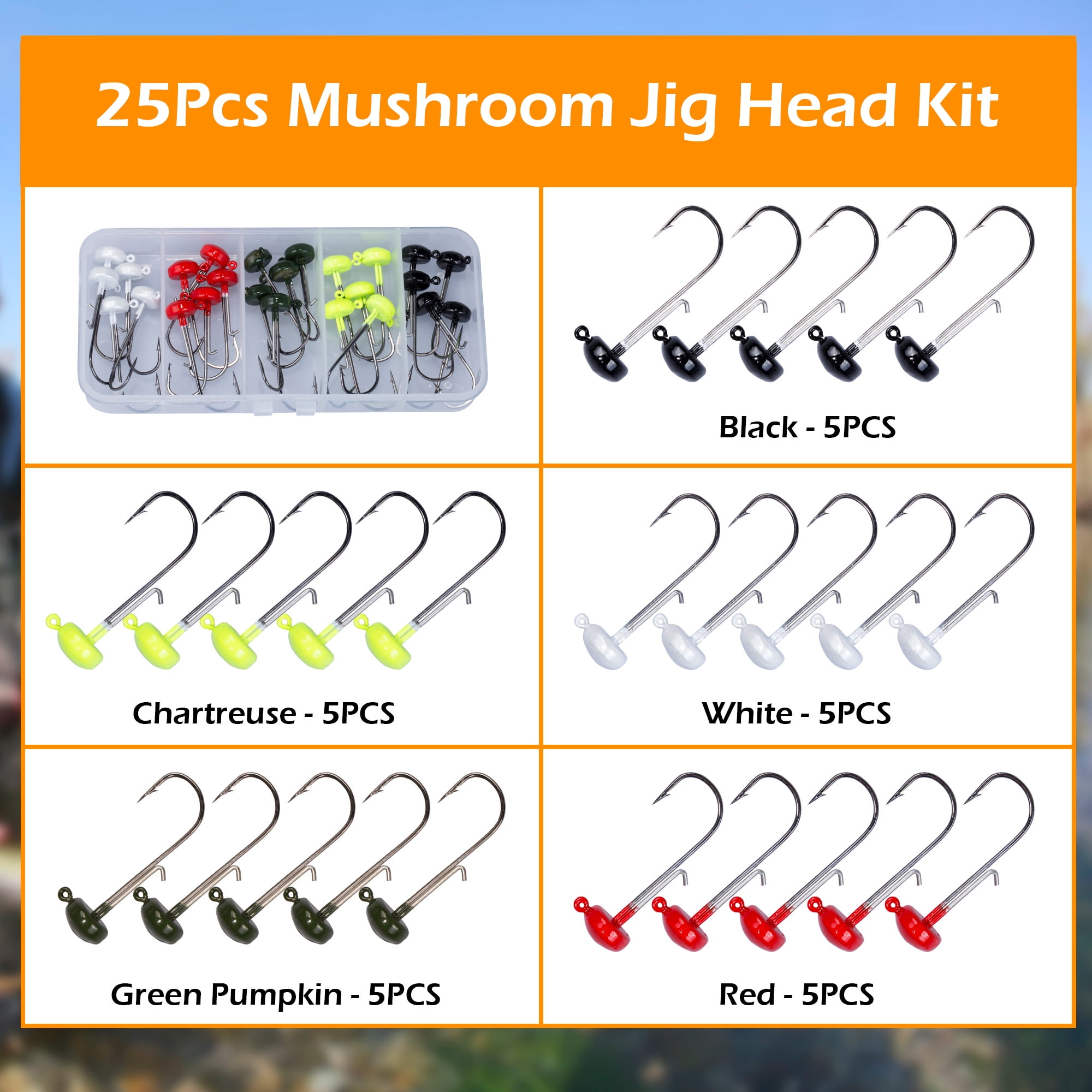 Bombrooster Bright Colored Mushroom Head Jigs, 25-Pack Weedless Ned Rigs for Bass - 1/8oz, 3/16oz, 1/4oz Sizes