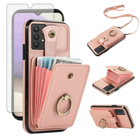 Compatible with Samsung Galaxy A32 5G 2021 6.5 inch Wallet Phone Case Screen Protector Ring Crossbody Strap Stand Credit Card Holder RFID Cell Cover for M32 G5 A 32 32A SM-A326U Women Girls Rose Gold