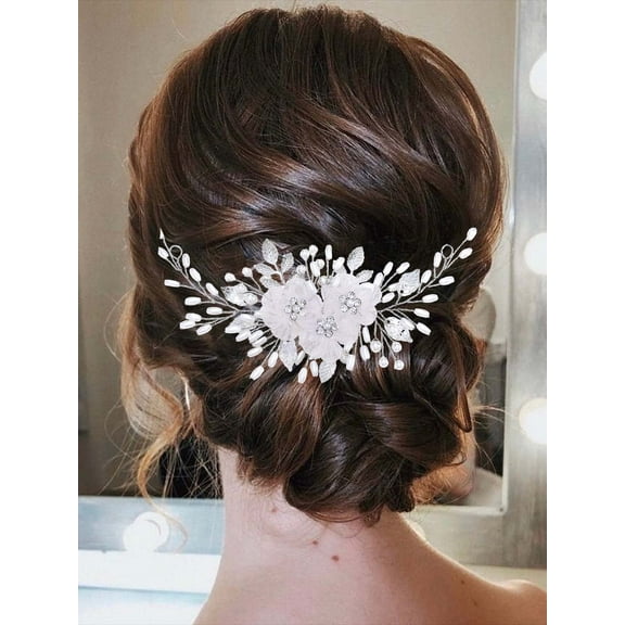 Bride Wedding Flower Hair Vine Silver Pearl Brides Headband Crystal Headpieces Leaf Bridal Hair Accessories for Women and Girls