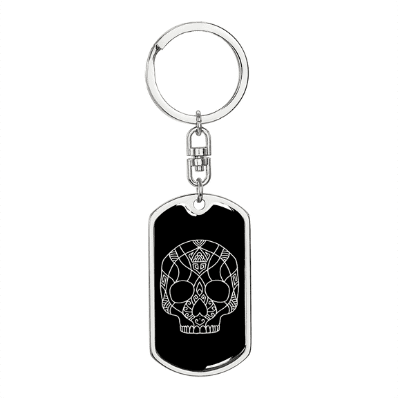Calavera Mexican Sugar Skull 147 Stainless Steel or 18k Gold Premium Swivel Dog Tag Keychain