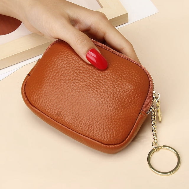 Monedero pequeño de cuero con cremallera para mujer, capa superior de piel de vaca, llavero de almacenamiento sencillo, monedero pequeño