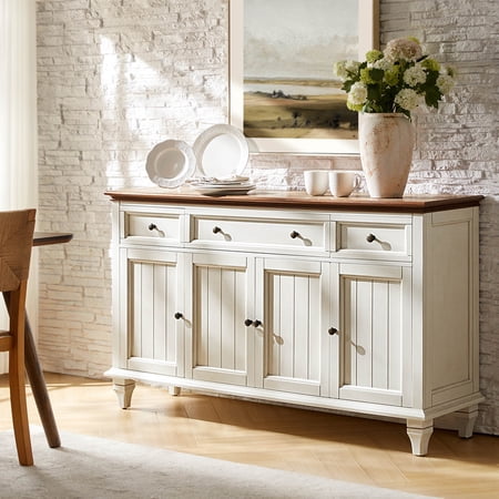 Farmhouse Sideboard Buffet Cabinet with 4 Doors Fluted Wood Storage Console with Metal Handles Solid Wood Legs for Dining Room & Entryway White