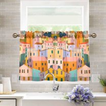 Yayeee Kitchen Curtains Tier Pair Light Filtering 27"x36" Rod Pocket Short Cafe Window Panel, Orange Cityscape Painting